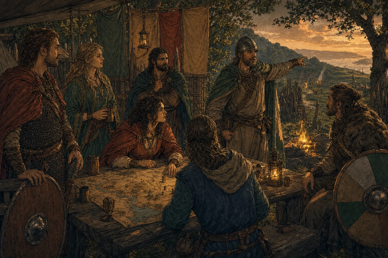 Illustratives Gestaltungsmotiv: Beratung in einem frühmittelalterlich inspirierten Lager