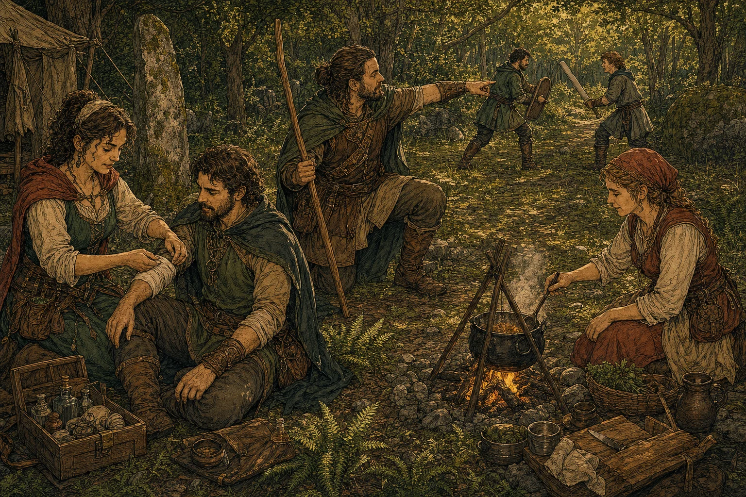 Illustratives Gestaltungsmotiv: LARP-Gruppe mit unterschiedlichen Rollen im Wald
