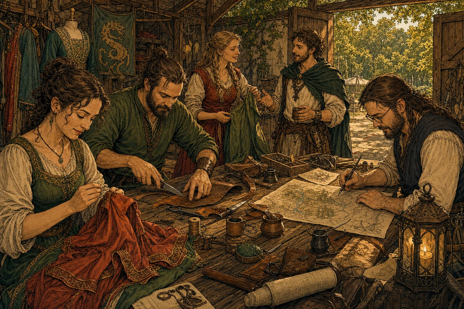 Illustratives Gestaltungsmotiv: gemeinschaftliche Vorbereitung einer LARP-Veranstaltung